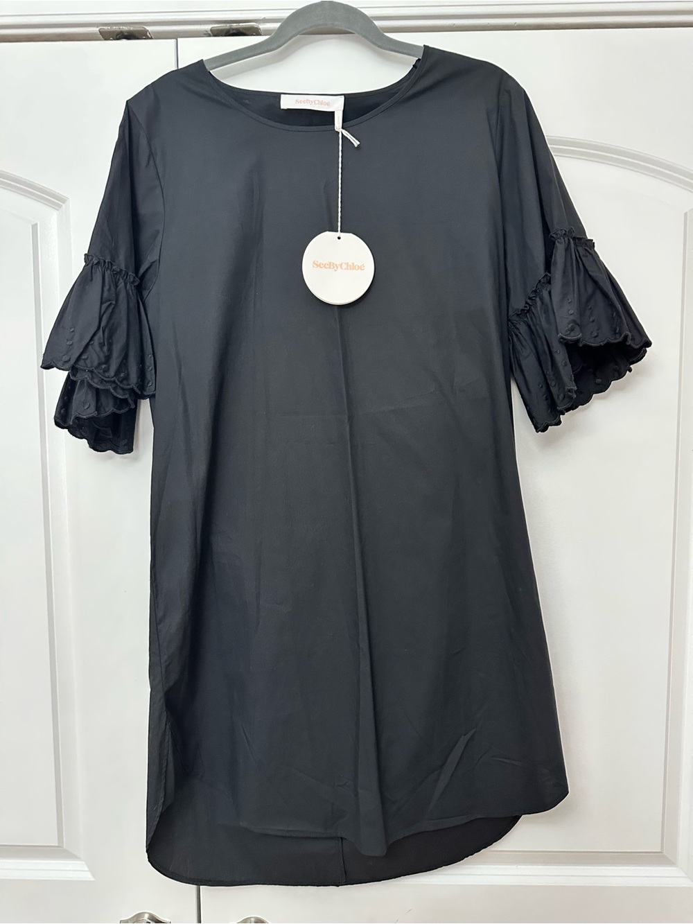 See By Chloe Black Mini Dress with Ruffled Short Sleeves